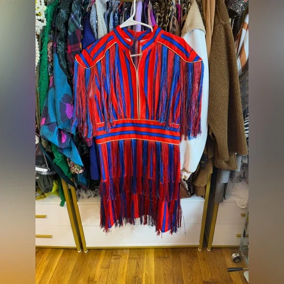 ZCrave GRAND Mini Dress | Red & Blue Fringe Statement Dress | Size Large FUN - Picture 5 of 9